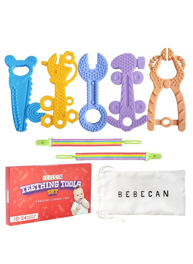BEBECAN Teething Tools Teether for Baby - 5 Premium Food-Grade Silicone Baby Boy Teething Toys, 2 Straps for Safety and Travel Bag Tool Toys Provide Soothing Relief and Healthy Development. - Image 1