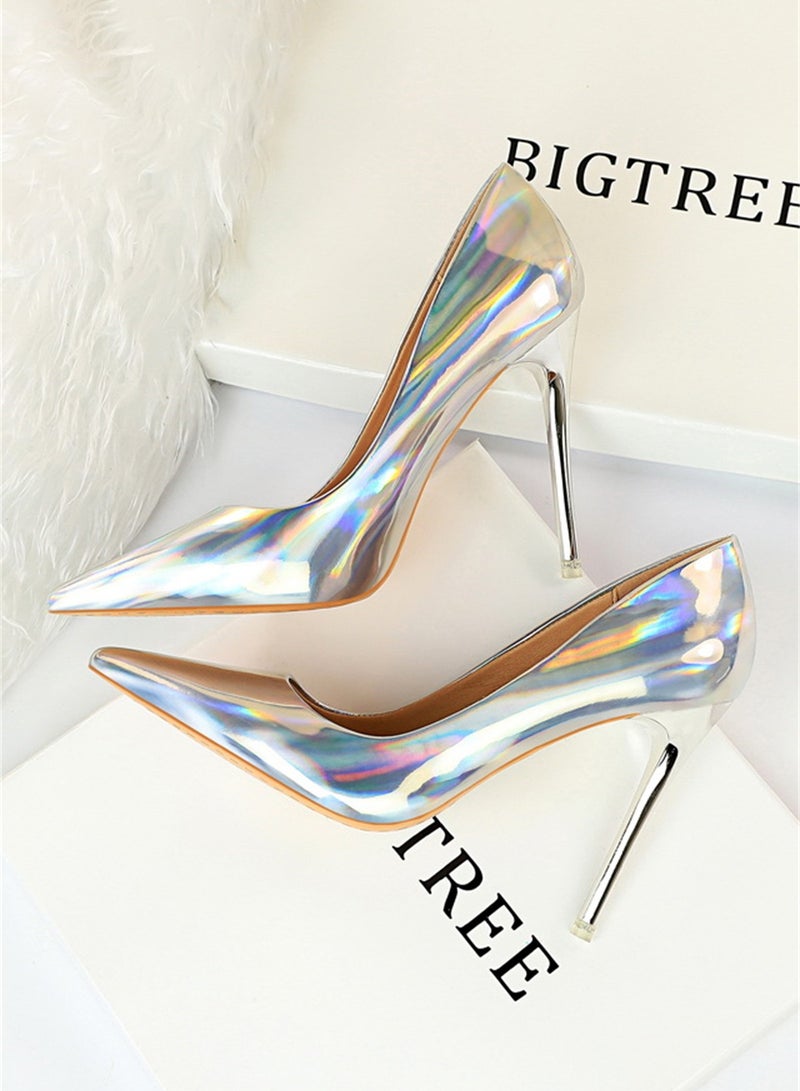 BIGTREE 10.5cm Metal Heels High Heels Bright Patent Leather Shallow Cut Pointed Slim Heels - Image 2