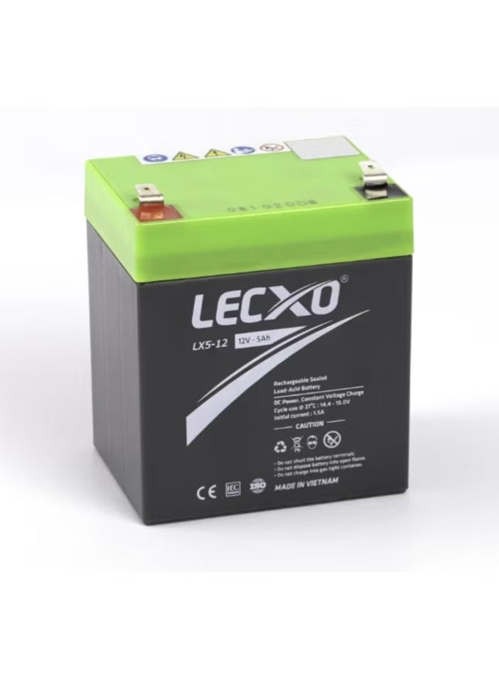 LECXO 12V 5Ah Sealed Lead-Acid Rechargeable Battery | Maintenance-Free Dry Battery for UPS, Emergency Light, Security Alarm, CCTV, and Solar Use - Image 1
