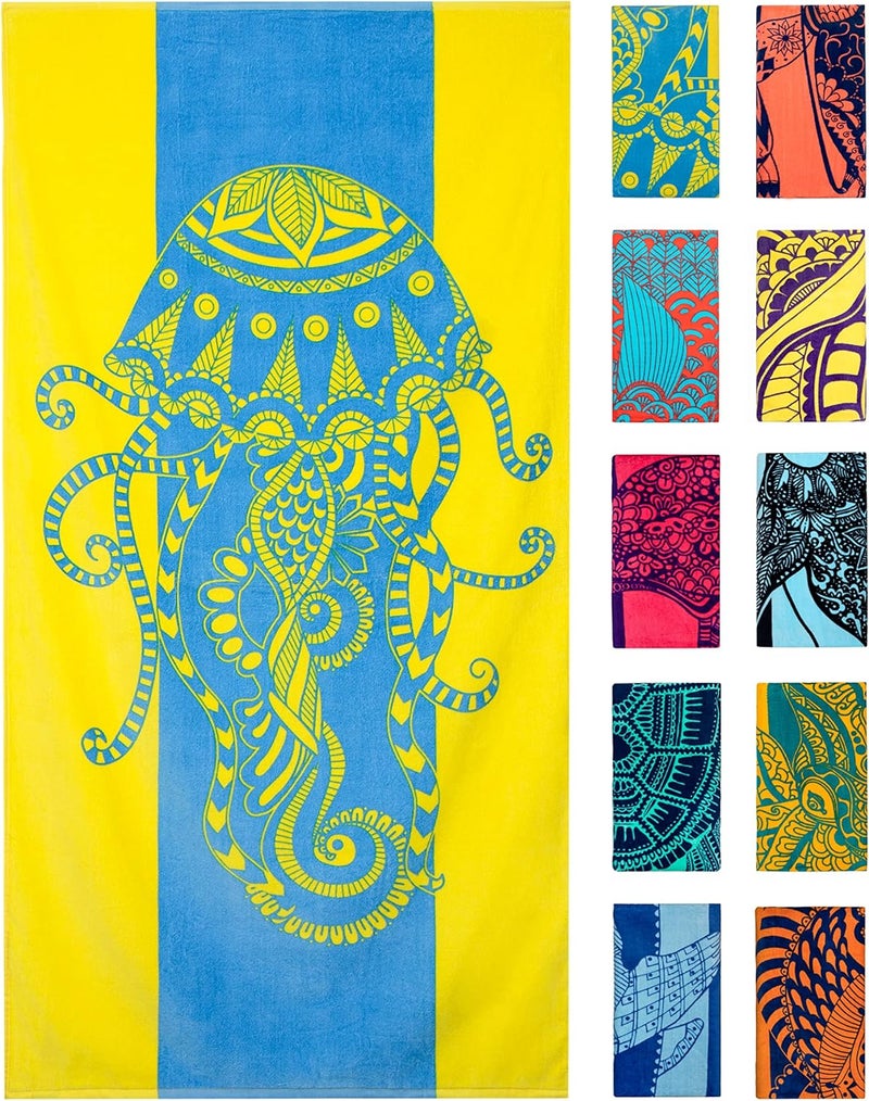 Nova Blue Jellyfish Beach Towel – Tropical Blue & Yellow Colors with A Unique Design, Extra Large, XL (34”x 63”) Made from 100% Cotton - Image 1