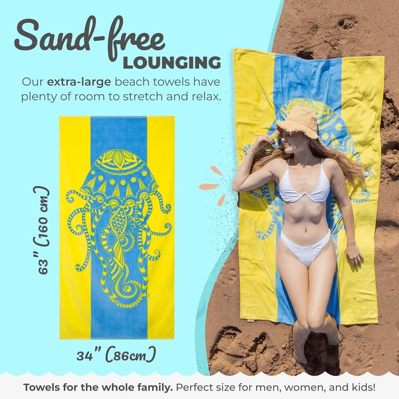 Nova Blue Jellyfish Beach Towel – Tropical Blue & Yellow Colors with A Unique Design, Extra Large, XL (34”x 63”) Made from 100% Cotton - Image 3