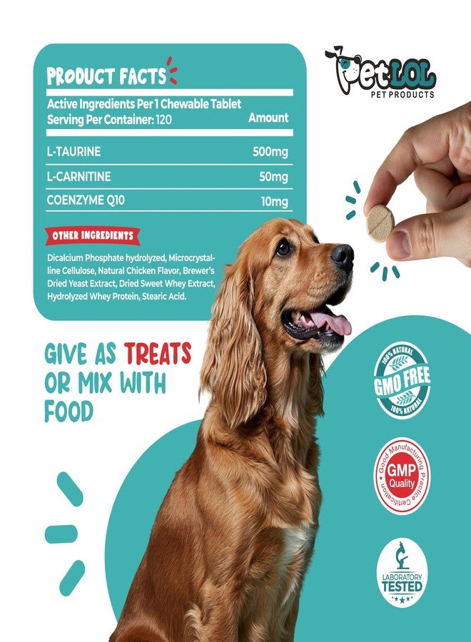 مكمل غذائي للكلاب من PET LOL يحتوي على التورين، إل-كارنيتين، وإنزيم Q10 المساعد (CoQ10): معتمد من قبل الأطباء البيطريين لعلاج تضخم عضلة القلب (DCM)، وفشل القلب الاحتقاني، ونقص التورين: 3 في 1 | مكملات غذائية للكلاب - 120 قرصًا - Image 2