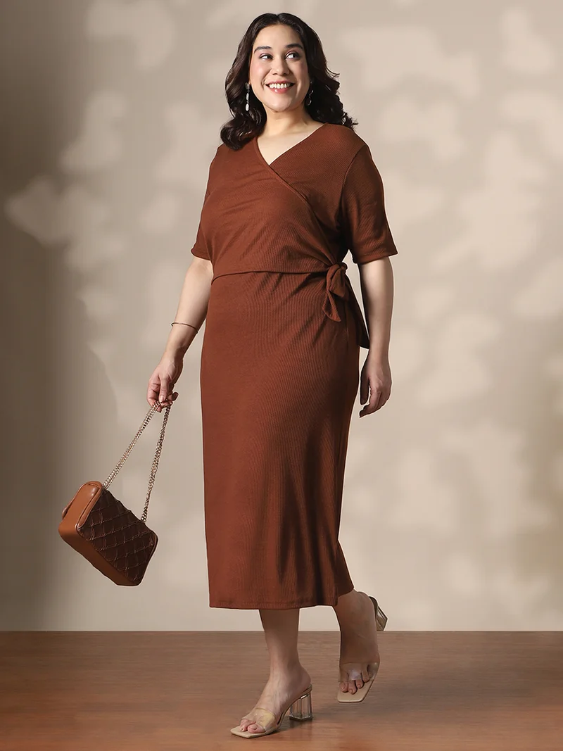 Globus Gloplus Women Brown Wrap V-Neck Waist Tie-Ups Ribbed Plus Size Midi Sheath Dress