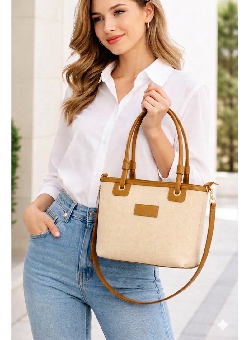 Stylish Women’s Handbag Fabric & Leather – Elegant Tote Bag with Double Handle & Detachable Shoulder Strap – Casual & Daily Ladies Bag - Image 2