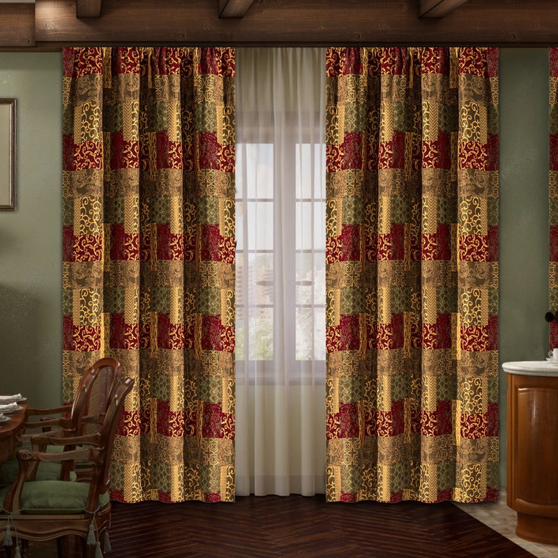 Loom and Mill Luxury Damask Curtains for Living Room Golden Thick Chenille Jacquard Window Treatment with Tiebacks for Bedroom Party Banquet Decorations 2 Panels 52 x 84 Inch RedGold