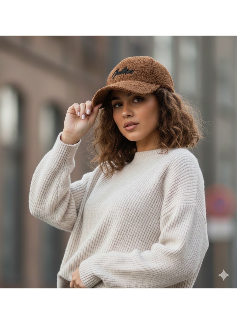 Unisex Havana Faux Fur Baseball Cap - Warm Winter Hat with Stylish Black Script Embroidery - Image 2