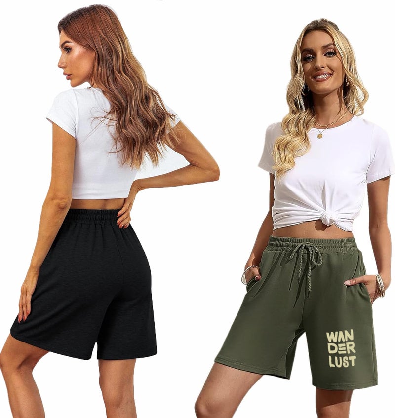hotfits Women's Black & Green Casual Summer Shorts Athletic Gym Shorts Relaxed Fit Running Jogger Shorts with Pockets Pack of 2-M - Image 3