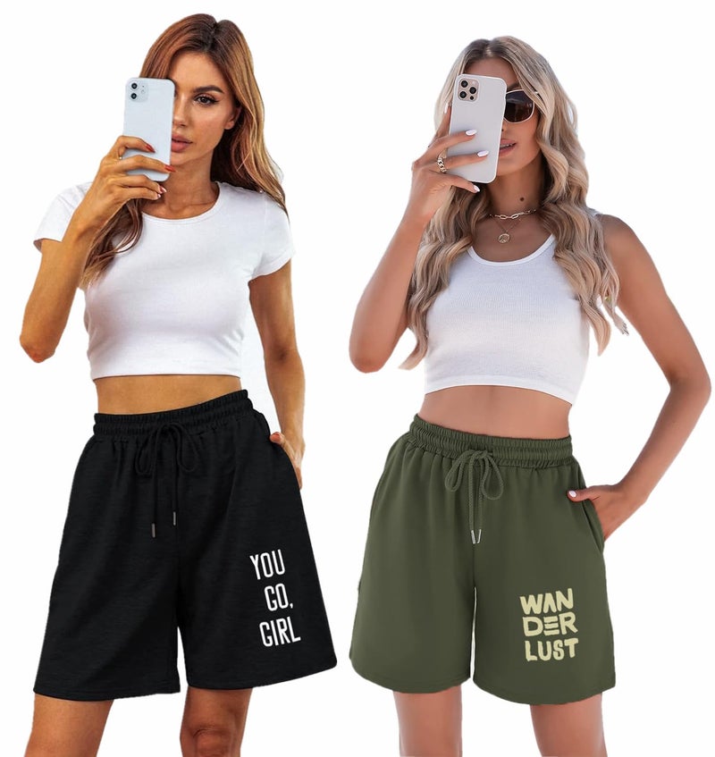hotfits Women's Black & Green Casual Summer Shorts Athletic Gym Shorts Relaxed Fit Running Jogger Shorts with Pockets Pack of 2-M - Image 2