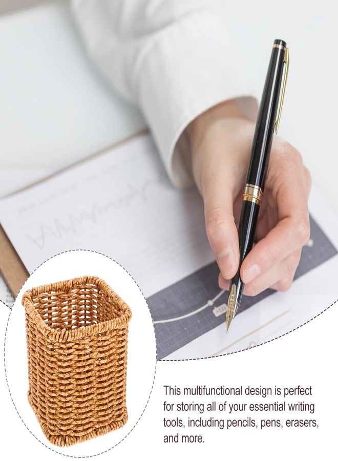 Yardwe Decorative Woven Pen Holder Rattan Style Stationery Storage Box for Office Desk Organizer Makeup Brush and Utensil Container Compact 4 Inch Cube - Image 4