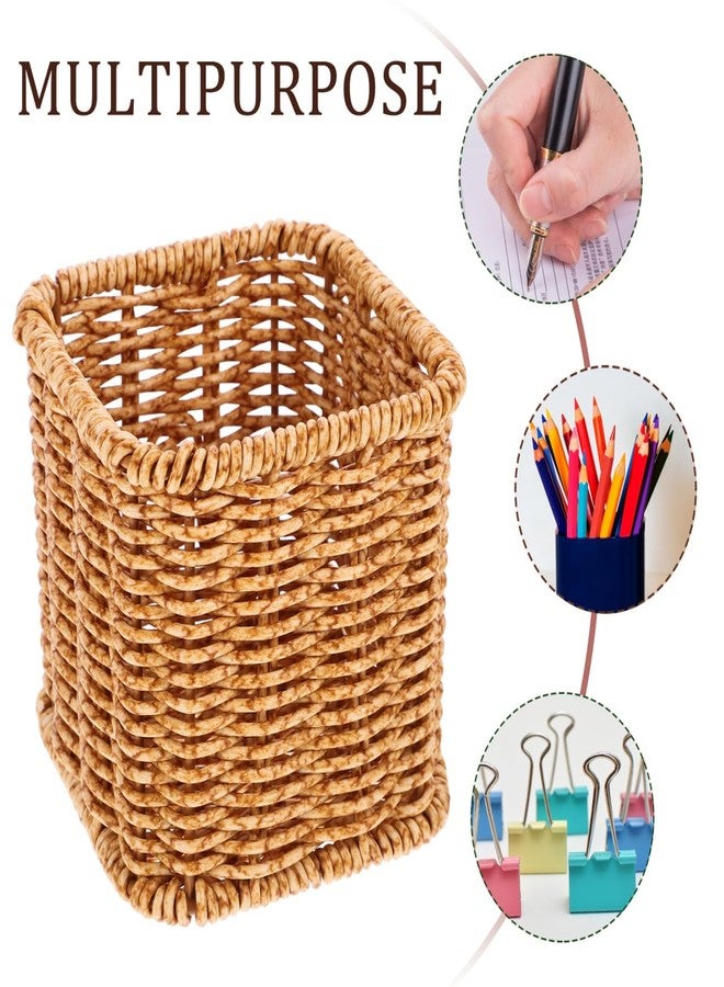 Yardwe Decorative Woven Pen Holder Rattan Style Stationery Storage Box for Office Desk Organizer Makeup Brush and Utensil Container Compact 4 Inch Cube - Image 5