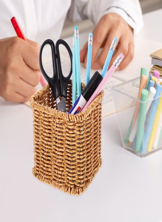 Yardwe Decorative Woven Pen Holder Rattan Style Stationery Storage Box for Office Desk Organizer Makeup Brush and Utensil Container Compact 4 Inch Cube - Image 2