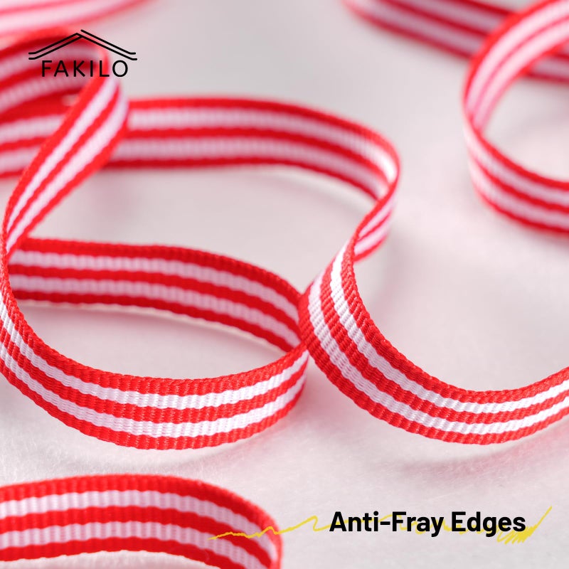 FAKILO Red and White Striped Grosgrain Ribbon, 3/8" x 50 yds, Double Sided Patriotic Ribbon for American Crafts, Cheerleading Decorations, Independence Day, Christmas Decorations,Valentines Day - Image 3