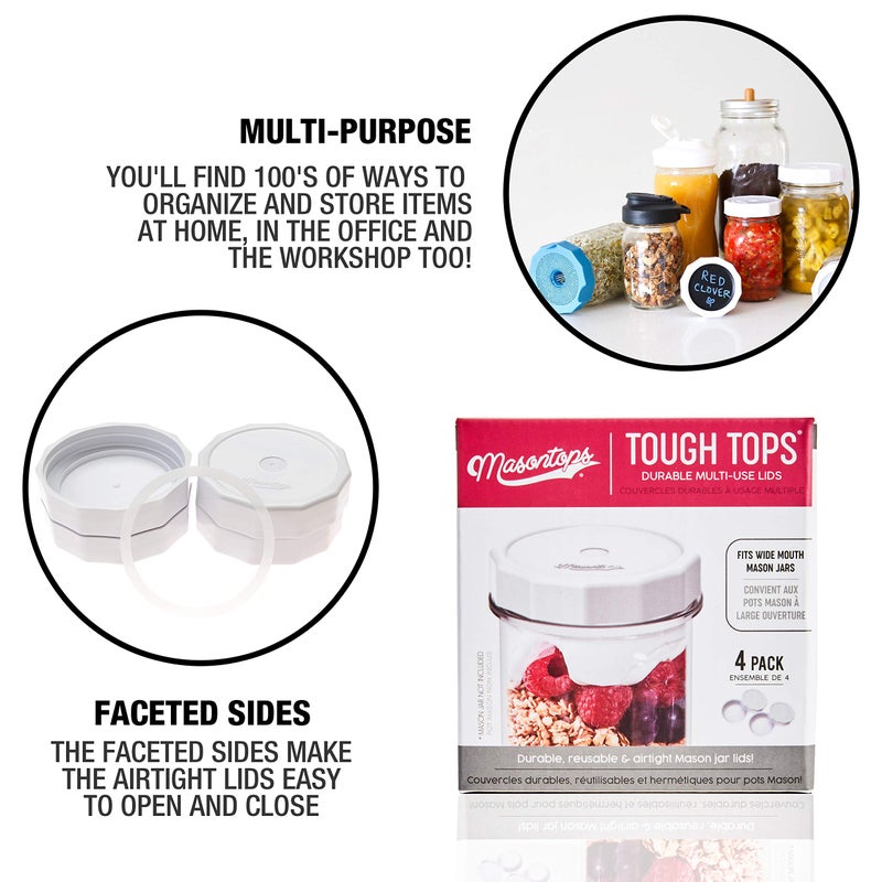 Masontops Tough Tops - Ball Wide Mouth Mason Jar Lids Plastic Leakproof - Bpa-Free White Plastic Mason Jar Lids - Reusable Dry Canning Lids Fit Ball Jars (Ball Mason Jars Not Included) - Image 3