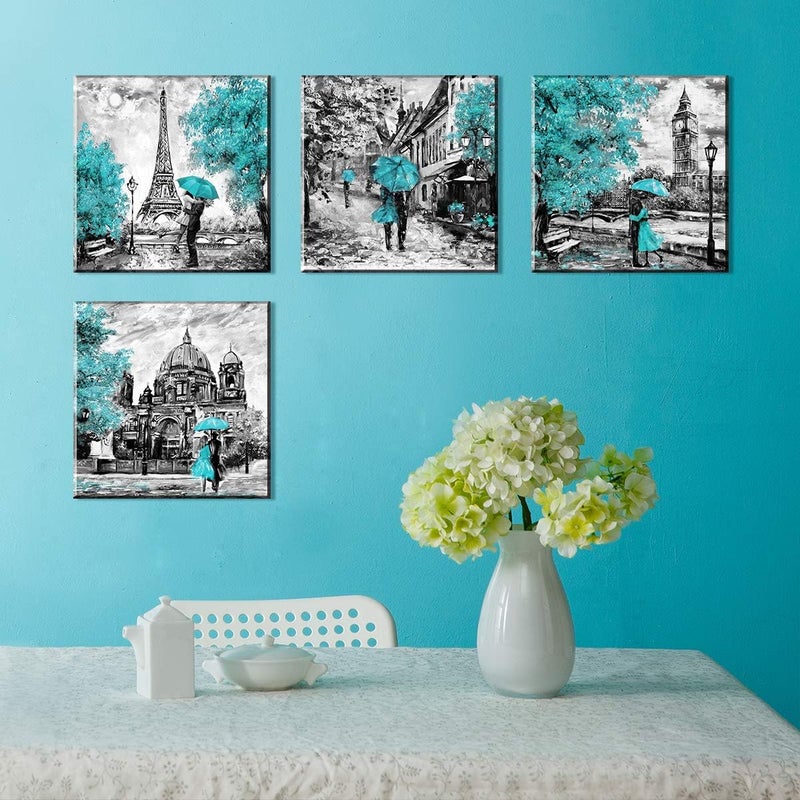 YOOOAHU Teal Paris Themed Bedroom Decor Eiffel Tower Wall Art Cityscape Pictures Romantic Berlin Europe London City Canvas Prints Paintings Modern Artwork for Living Room Bathroom Home Decorations 16x16” 4Pcs - Image 4