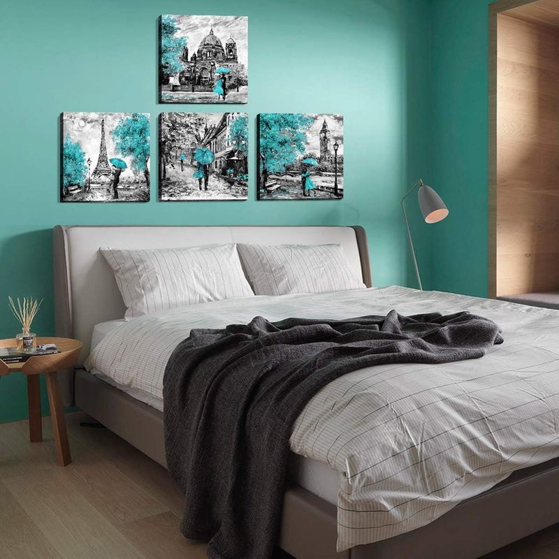 YOOOAHU Teal Paris Themed Bedroom Decor Eiffel Tower Wall Art Cityscape Pictures Romantic Berlin Europe London City Canvas Prints Paintings Modern Artwork for Living Room Bathroom Home Decorations 16x16” 4Pcs - Image 3