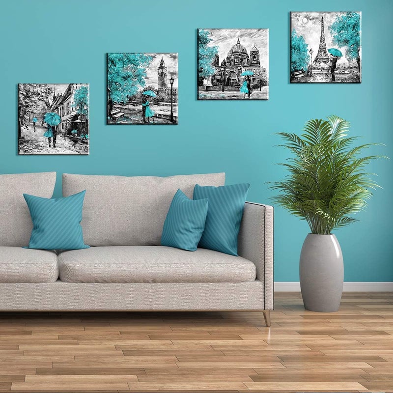 YOOOAHU Teal Paris Themed Bedroom Decor Eiffel Tower Wall Art Cityscape Pictures Romantic Berlin Europe London City Canvas Prints Paintings Modern Artwork for Living Room Bathroom Home Decorations 16x16” 4Pcs - Image 5