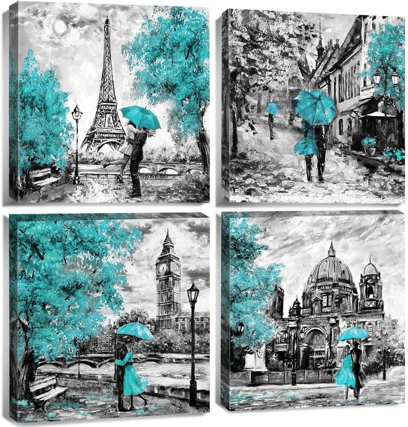 YOOOAHU Teal Paris Themed Bedroom Decor Eiffel Tower Wall Art Cityscape Pictures Romantic Berlin Europe London City Canvas Prints Paintings Modern Artwork for Living Room Bathroom Home Decorations 16x16” 4Pcs - Image 1