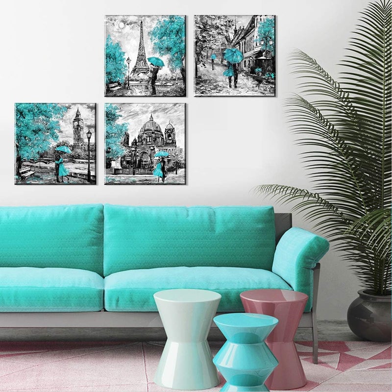 YOOOAHU Teal Paris Themed Bedroom Decor Eiffel Tower Wall Art Cityscape Pictures Romantic Berlin Europe London City Canvas Prints Paintings Modern Artwork for Living Room Bathroom Home Decorations 16x16” 4Pcs - Image 2