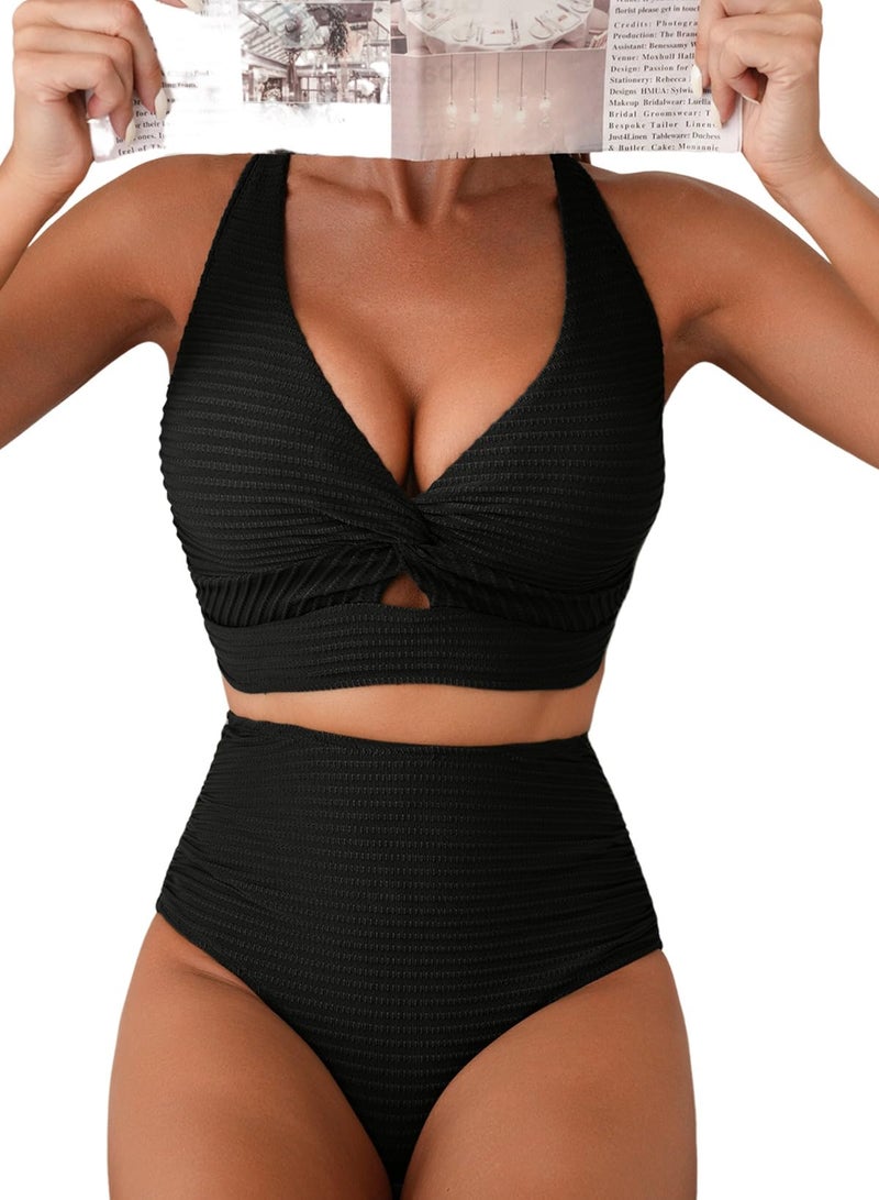 Herseas Womens Black Bikini Sets Twist Front Push Up Top High Waisted Plus Size Swimsuits Adjustable Straps Textured 2 Piece Bathing Suits Girls Vintage Holiday Outfits X-Large - Image 1