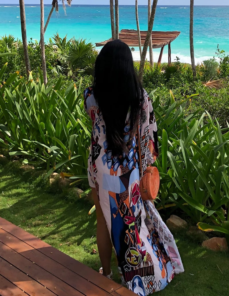 RanRui bird kimonos for women duster kimono beach boho kimono beach cover up Geometry print long kimonos (A-floral1,US,Alpha,1X,Regular,Regular) - Image 2