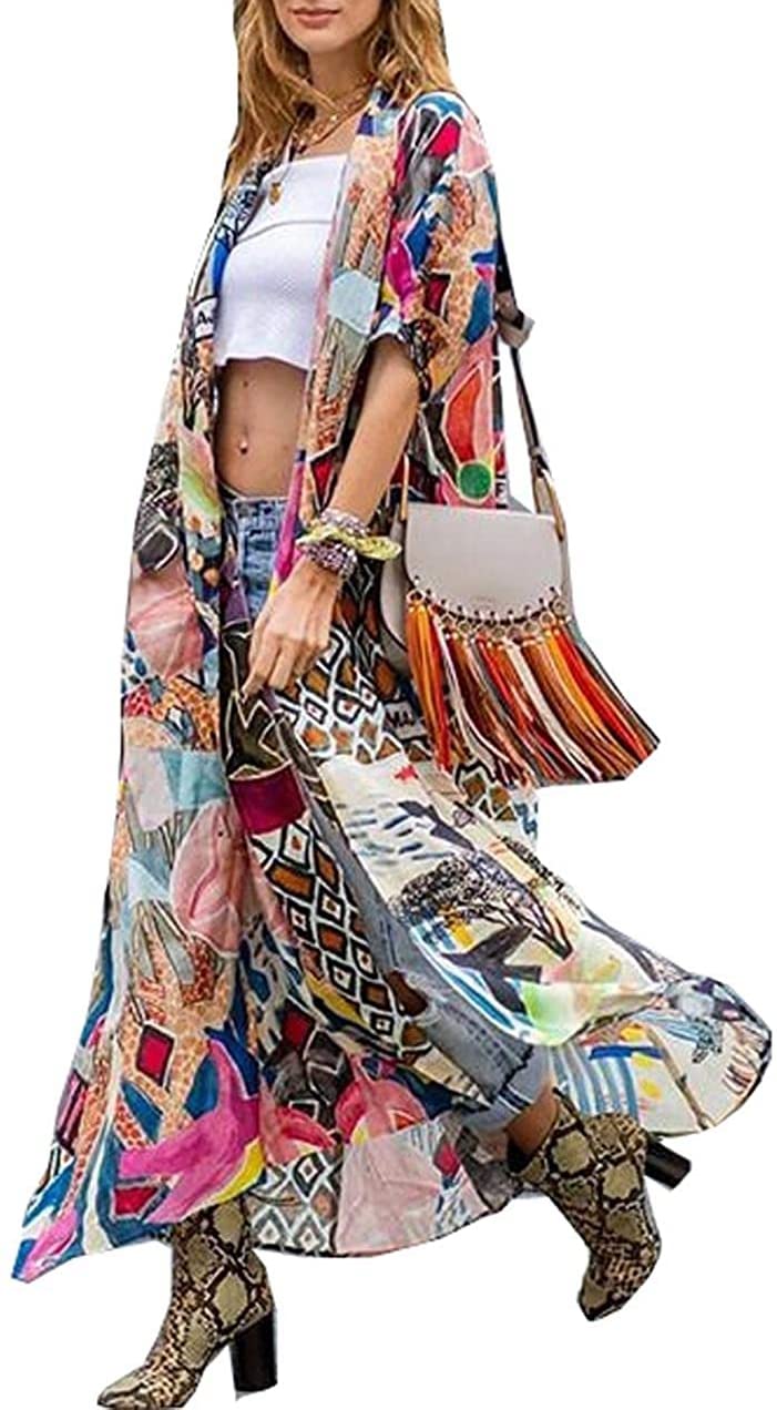 RanRui bird kimonos for women duster kimono beach boho kimono beach cover up Geometry print long kimonos (A-floral1,US,Alpha,1X,Regular,Regular) - Image 1