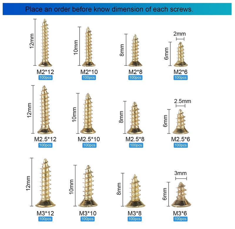 HanTof 1200Pcs Tiny Phillips Flat Head Self Tapping Screws for Wood, Plastic and Soft Metal. M2 M2.5 M3 Small Countersunk Tapper Screws Set for DIY Micro Woodworking Furniture Box. Golden,Carbon Steel - Image 5