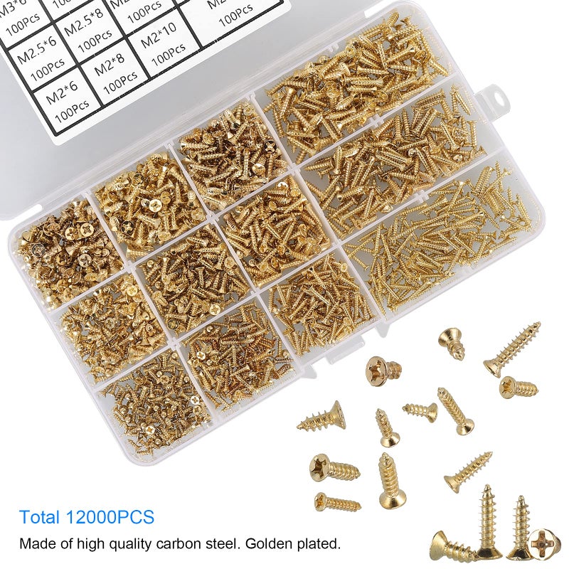 HanTof 1200Pcs Tiny Phillips Flat Head Self Tapping Screws for Wood, Plastic and Soft Metal. M2 M2.5 M3 Small Countersunk Tapper Screws Set for DIY Micro Woodworking Furniture Box. Golden,Carbon Steel - Image 2