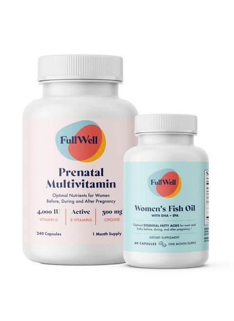 FullWell Prenatal Vitamin + DHA | Omega 3 Fish Oil with DHA & EPA for Brain Development & Nervous System Support | 26+ Vital Nutrients | Dietitian-formulated, Non-GMO, 3rd Party Tested, 30 Servings