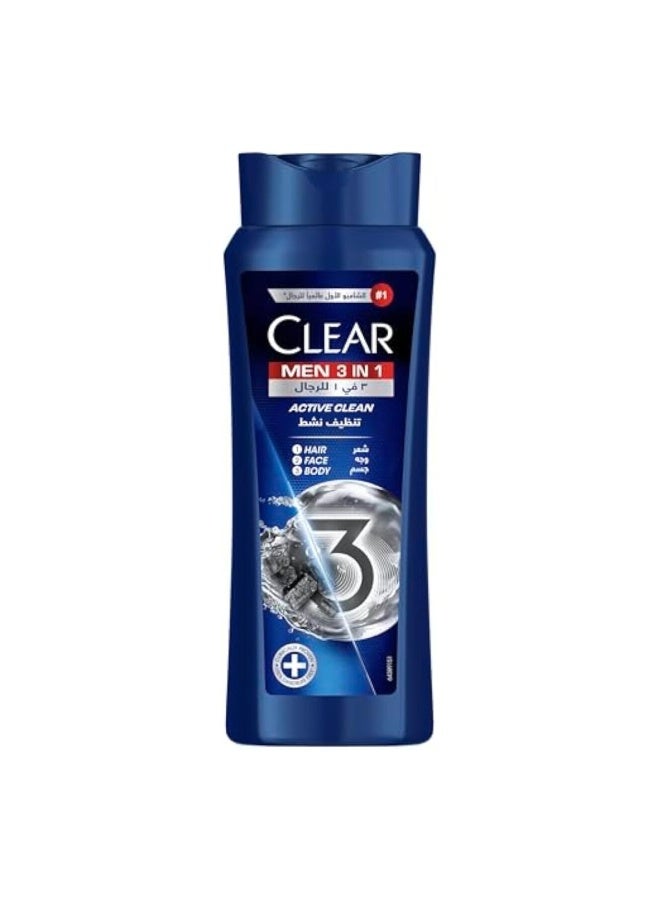 Clear 3in1 Shampoo For Men, Anti Dandruff For Hair Face & Body Active Clean, 400 ml