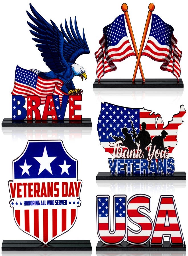 Haooryx Veterans Memorial Day Wooden Centerpieces - 5Pcs America Veterans Day Brave Soldier Wood Table Topper Decorations 11th November Table Sign Tabletop Wood Sign for Memorial Celebrate Party Decor - Image 1