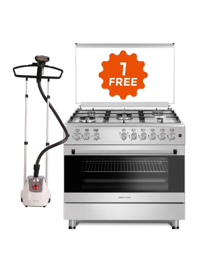 General Goldin 90x60cm Stylish Series Gas Cooker with 2 Big Eyes, 5 Burners, 2 Fans, Cast Iron Pan Support and 3 Glass Oven Door With General Goldin Starway 2.5 Lt Garment Ironing Steamer, 2000 W, Adjustable Stand , Suit Hanger, Silver - Image 1