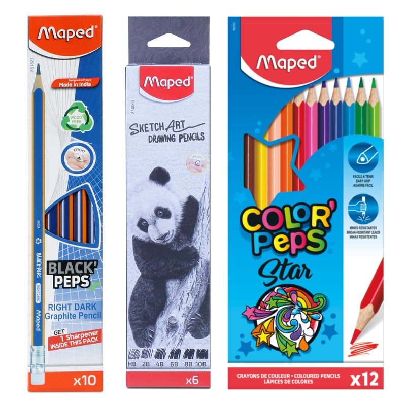 Maped Maped 3 in 1 Art Supplies Kit 28 Count Pencil Kit Triangular Ergonomic Grip HB to 10B Multicolor Drawing Sketching Colouring Writing Kids Teens - Image 1