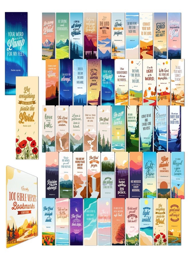Decorably 100 Pack 2x6.5in Christian Bookmarks for Women and Men - 50 Scenery Designs Double-Sided Inspirational Bible Book Markers - Journals, Bible, and Faithful Reflection - Image 1