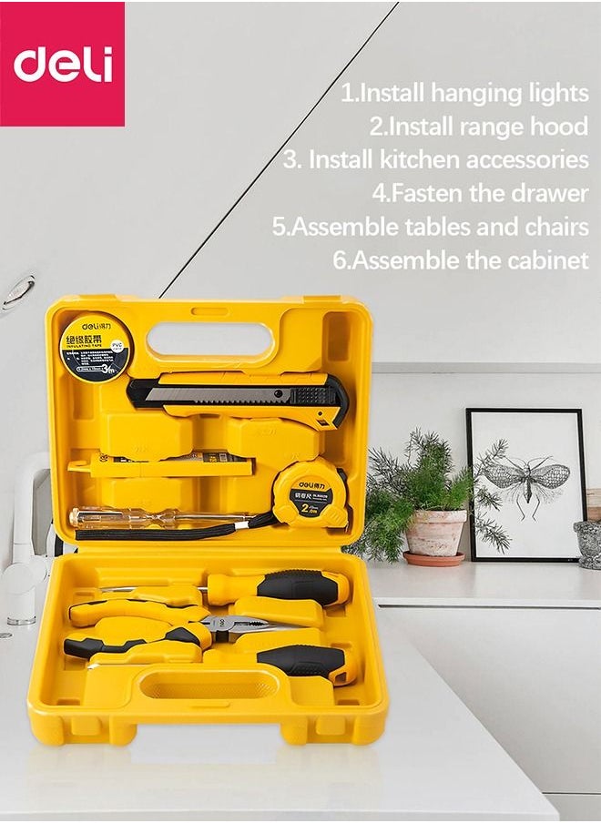 Deli 8-Piece Household Tool Kits Yellow Tape/Knife/Pliers/Screwdriver Slotted Phillips/Hex key  - Image 3