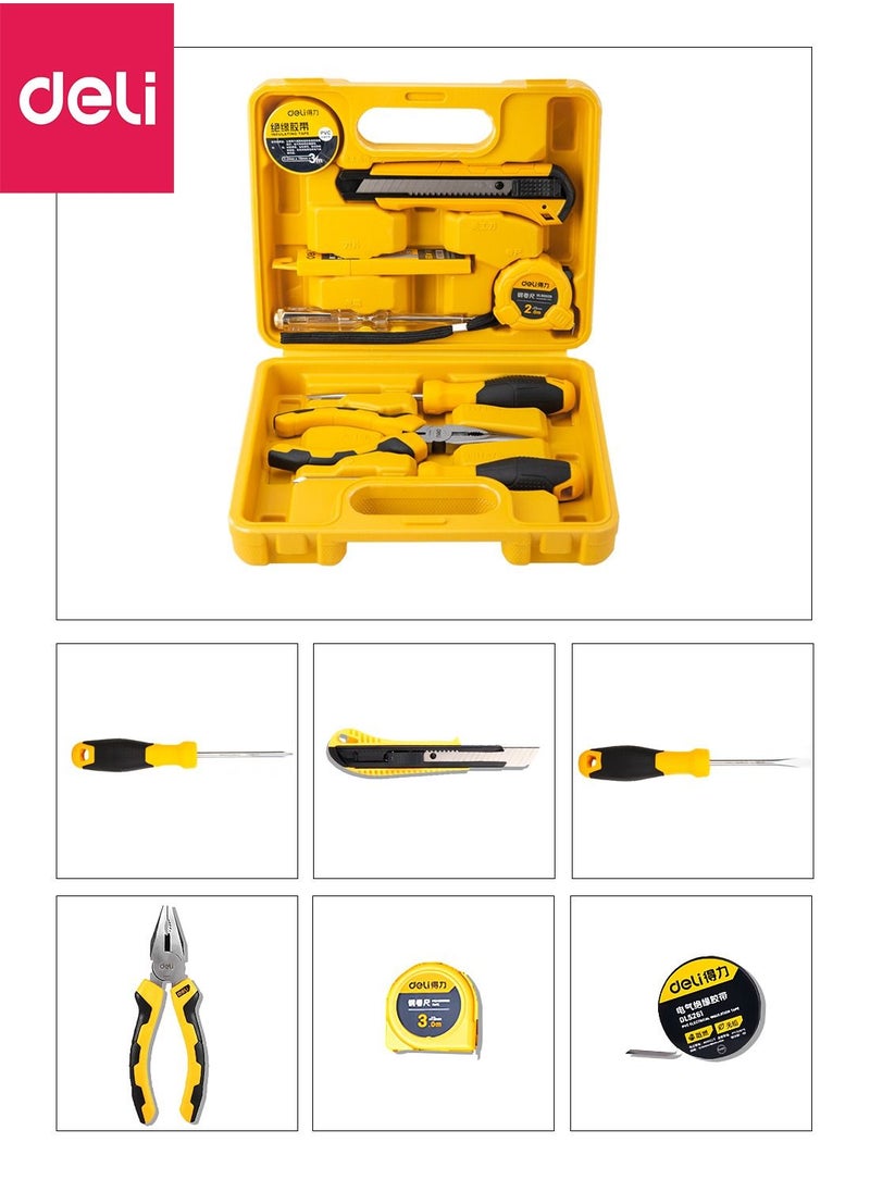 Deli 8-Piece Household Tool Kits Yellow Tape/Knife/Pliers/Screwdriver Slotted Phillips/Hex key  - Image 1
