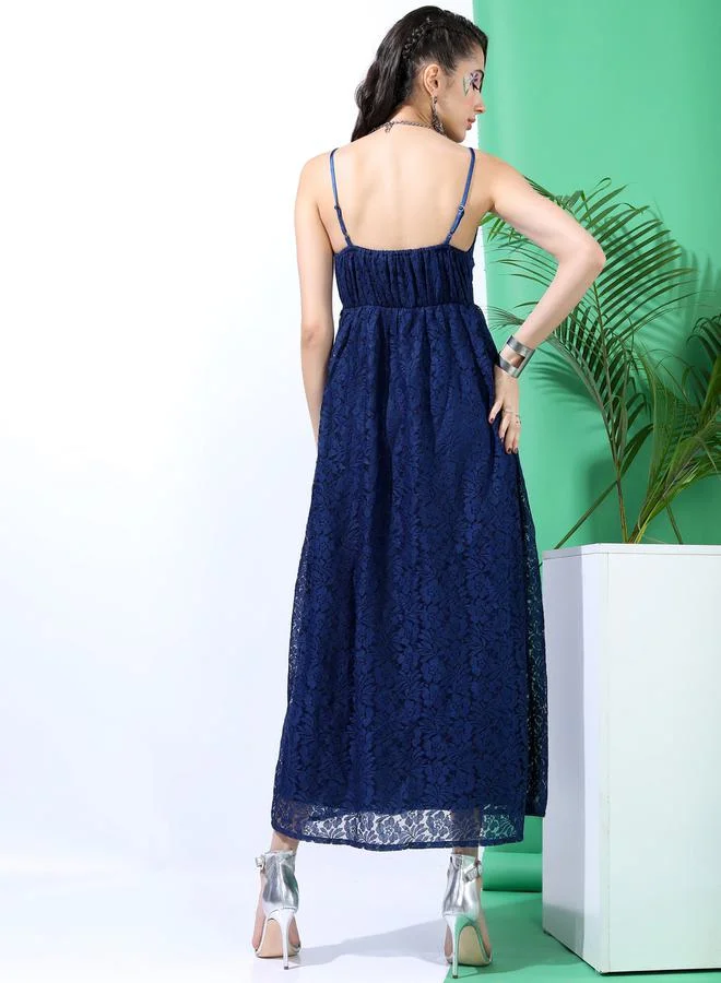 Tokyo Talkies All Over Lace V Neck Strappy A-Line Maxi Dress by Styli
