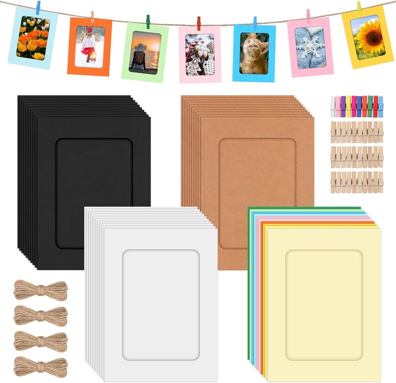 إطارات صور من الورق المقوى، إطارات صور ورقية لعرض الصور المعلقة من الورق المقوى DIY، إطار صور من ورق البطاقات مع مشابك وخيط ورقي لديكور الجدران المنزلية (متعدد الألوان، 6 بوصات) - Image 1