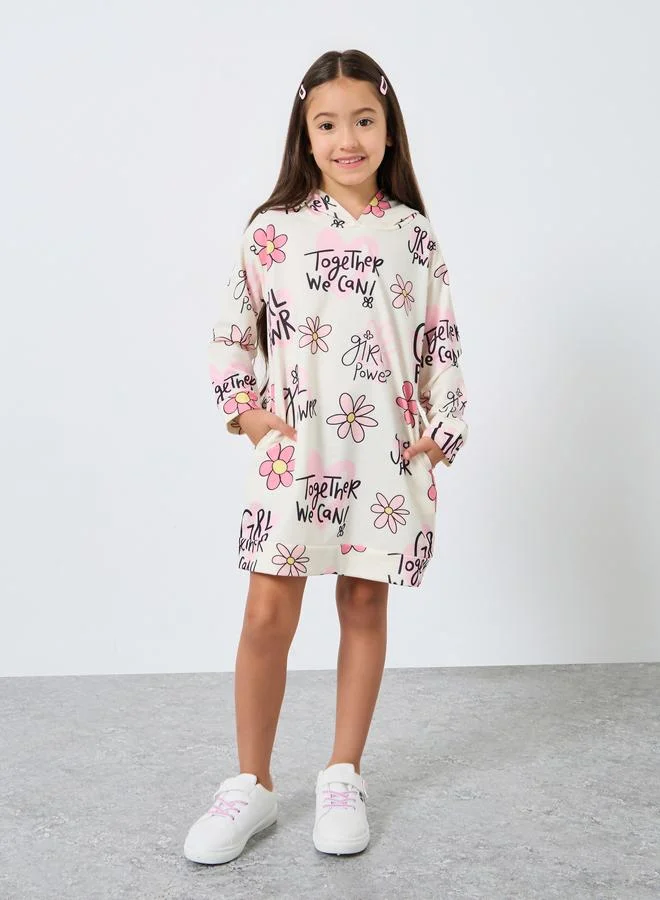 Styli Styli Girls Beige Floral Print Hooded Sweatshirt Dress