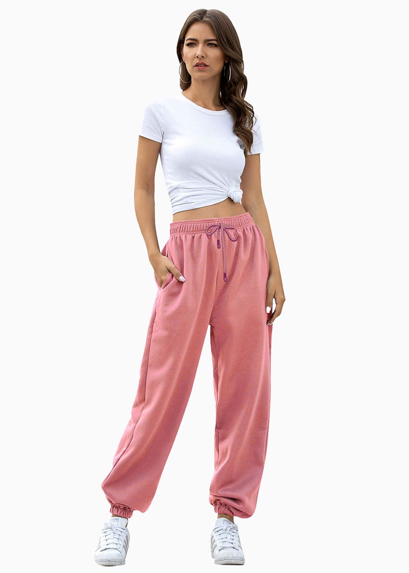 VINMEN Sweat for Women Workout High Waist Sporty Gym Athletic Fit Jogger Wide Leg Lounge Summer Pants with Pockets Pink XL - Image 2