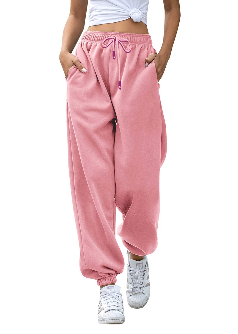 VINMEN Sweat for Women Workout High Waist Sporty Gym Athletic Fit Jogger Wide Leg Lounge Summer Pants with Pockets Pink XL - Image 5