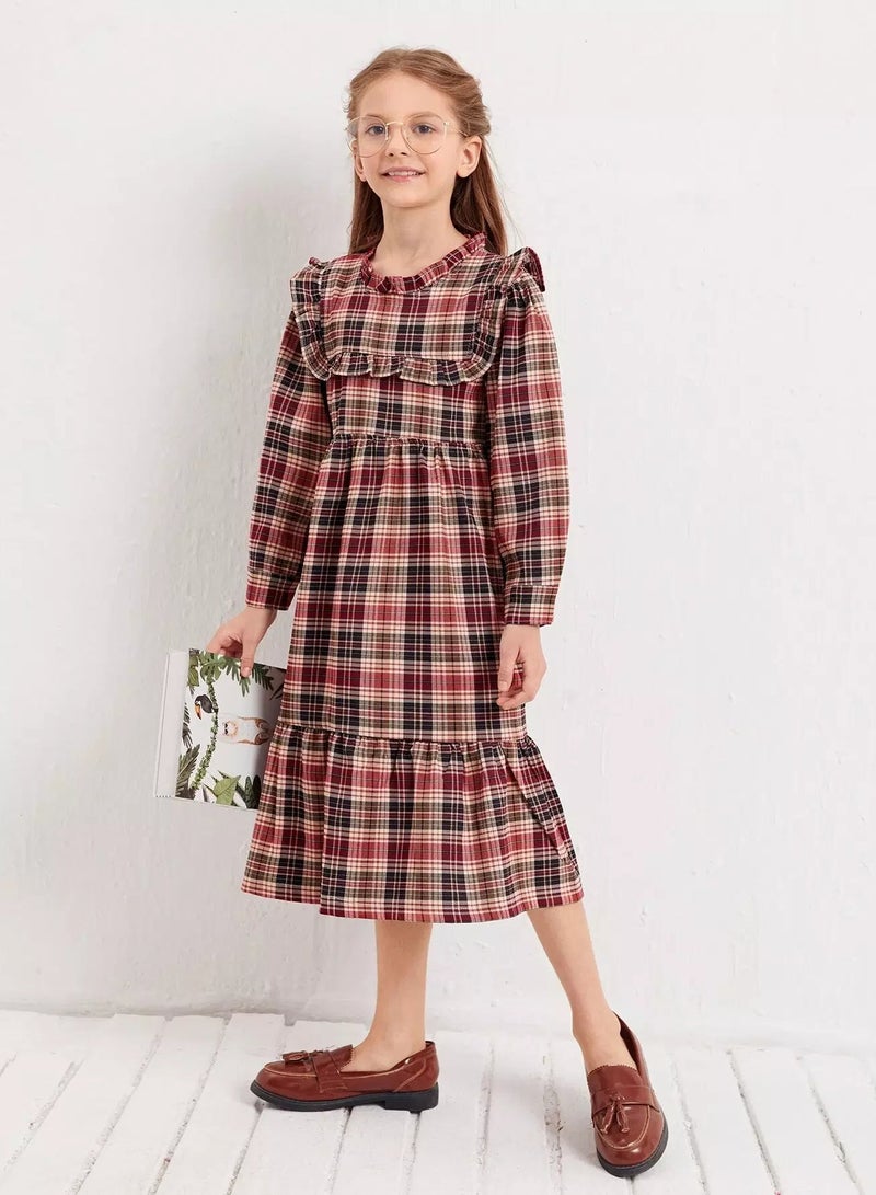 Girls Tartan Ruffle Trim Babydoll Dress  - Image 1