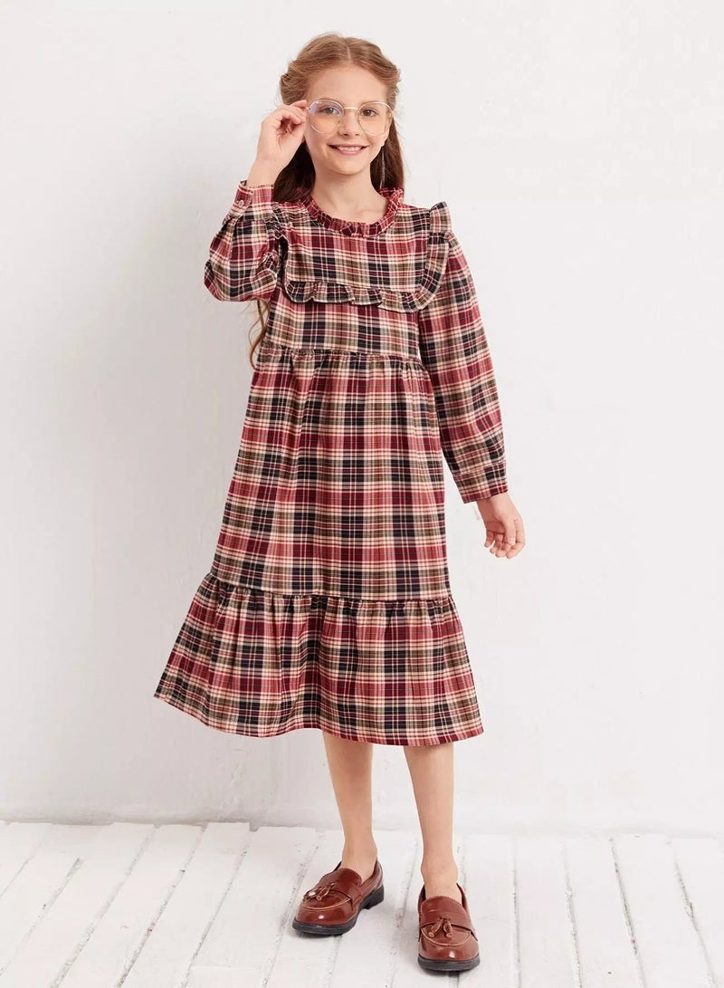 Girls Tartan Ruffle Trim Babydoll Dress  - Image 4