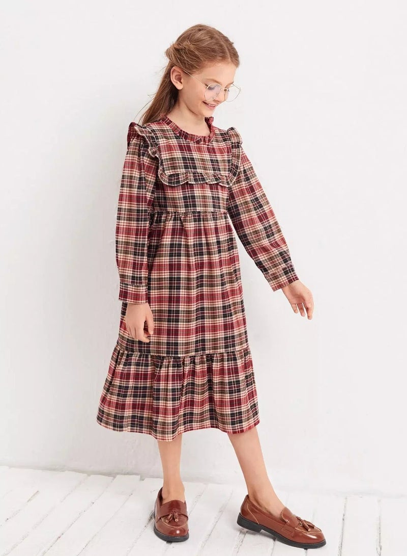 Girls Tartan Ruffle Trim Babydoll Dress  - Image 3