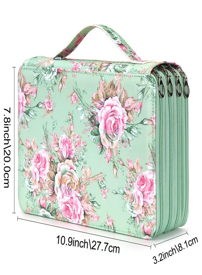 Vomgomfom 200 Slots Pencil Bag, 4-Layer Zipper Portable Art Supply Organizer, PU Leather Large Capacity Colored Pencil Case with Handle for 200 Watercolor Pens, Gel Pens (Green Rose) - Image 2