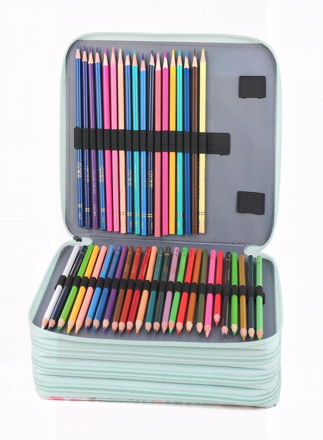 Vomgomfom 200 Slots Pencil Bag, 4-Layer Zipper Portable Art Supply Organizer, PU Leather Large Capacity Colored Pencil Case with Handle for 200 Watercolor Pens, Gel Pens (Green Rose) - Image 4