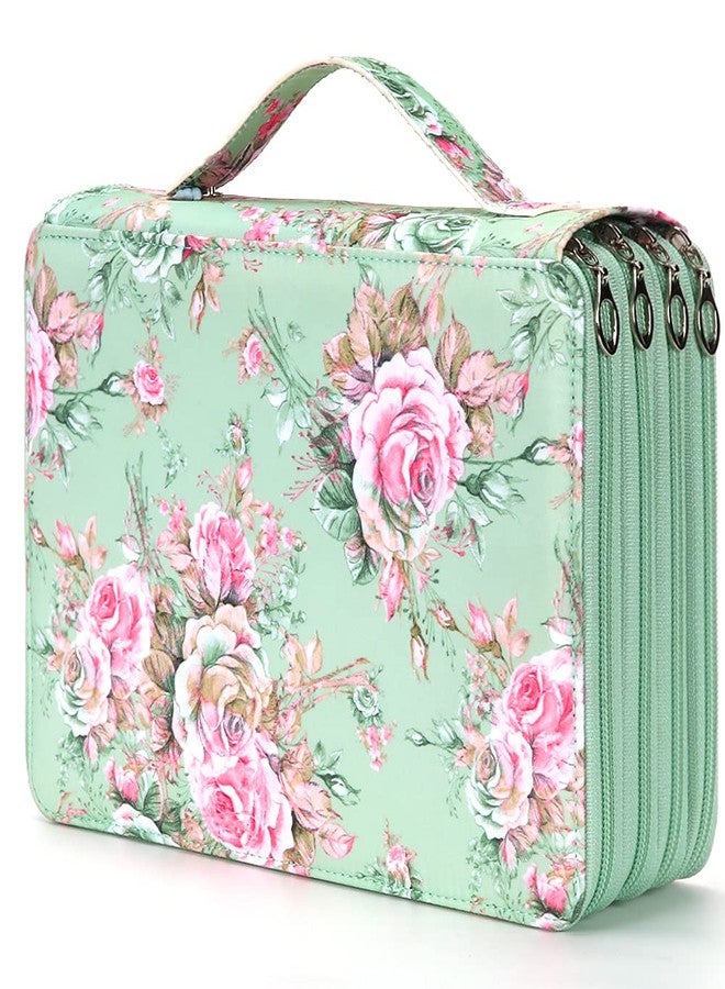 Vomgomfom 200 Slots Pencil Bag, 4-Layer Zipper Portable Art Supply Organizer, PU Leather Large Capacity Colored Pencil Case with Handle for 200 Watercolor Pens, Gel Pens (Green Rose) - Image 1