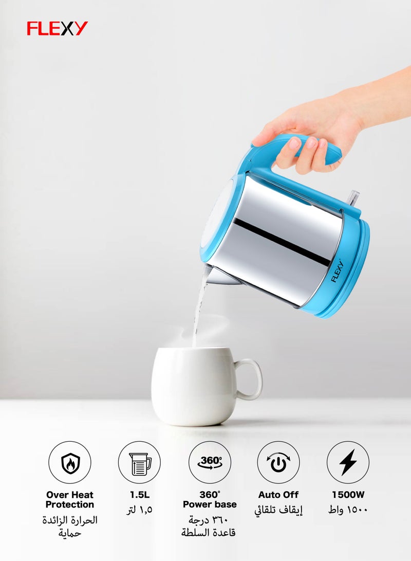 فليكسي غلاية كهربائية من الستانلس ستيل سعة 1.5 لتر بقوة 1500 وات مع قاعدة قابلة للإزالة وحماية من الغليان الجاف وإيقاف تلقائي - Image 4