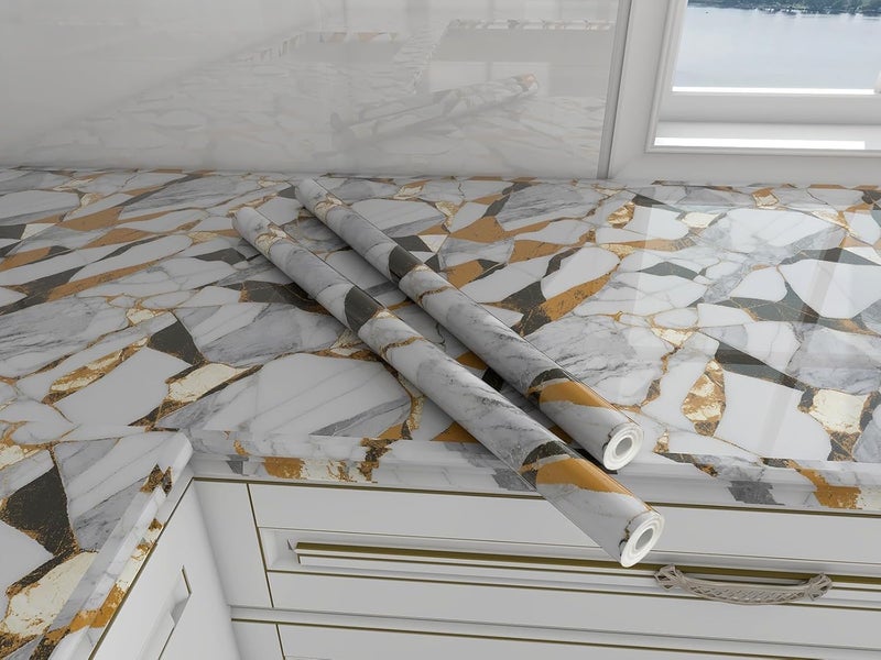 D-Fix ورق جدران رخام قابل للتقشير واللصق لتزيين المنزل، ملصقات جدارية ذاتية اللصق مقاومة للماء للمطبخ، الحمام، غرفة المعيشة – ورق جدران (60X200 سم (خط ذهبي أبيض)) - Image 1