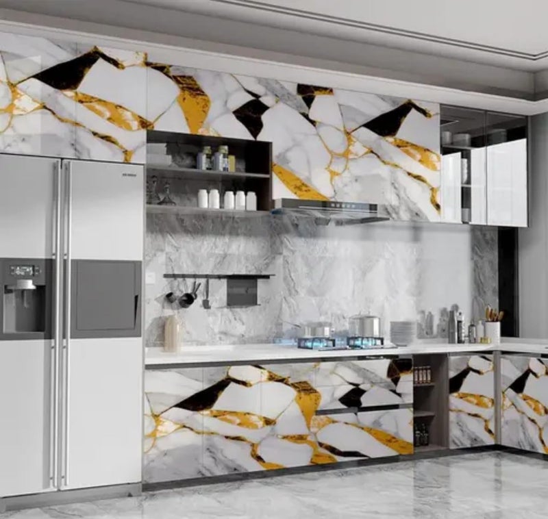 D-Fix ورق جدران رخام قابل للتقشير واللصق لتزيين المنزل، ملصقات جدارية ذاتية اللصق مقاومة للماء للمطبخ، الحمام، غرفة المعيشة – ورق جدران (60X200 سم (خط ذهبي أبيض)) - Image 3