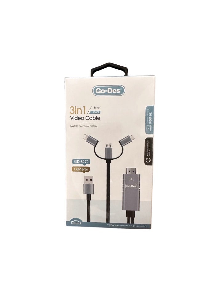 GO-DES - 3 in 1 HDMI 1080P Video Cable 1.8M GD-8272 - Image 1